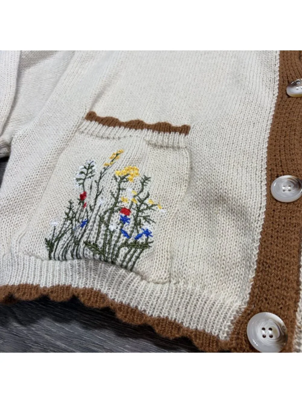 Cottagecore Beige Knit Cardigan 1XL Floral Embroidery Pockets Button Spring NEW - Picture 9 of 16